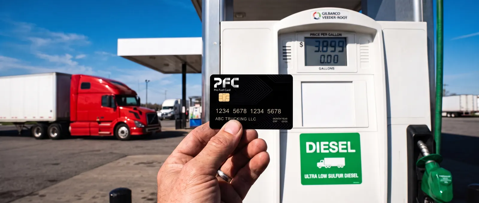 O mână care ține sus cartela neagră Pro Fuel Card la o pompă de motorină într-o zi însorită, un camion roșu la insula de lângă.