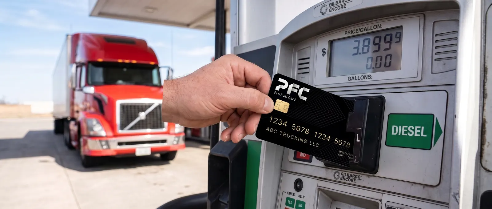 O mână care introduce cardul negru Pro Fuel într-o pompă de motorină într-o zi însorită, afișajul prețului arătând $3.899, un camion roșu în fundal.