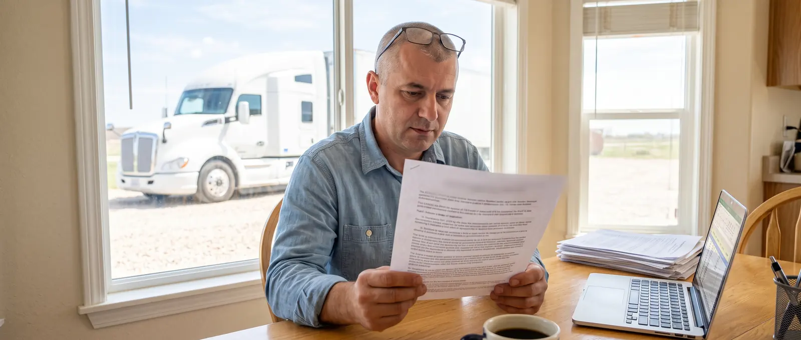 Un operator-proprietar la masa din bucătărie, citind un anunț federal, tractorul său parcat afară, pe fereastră.